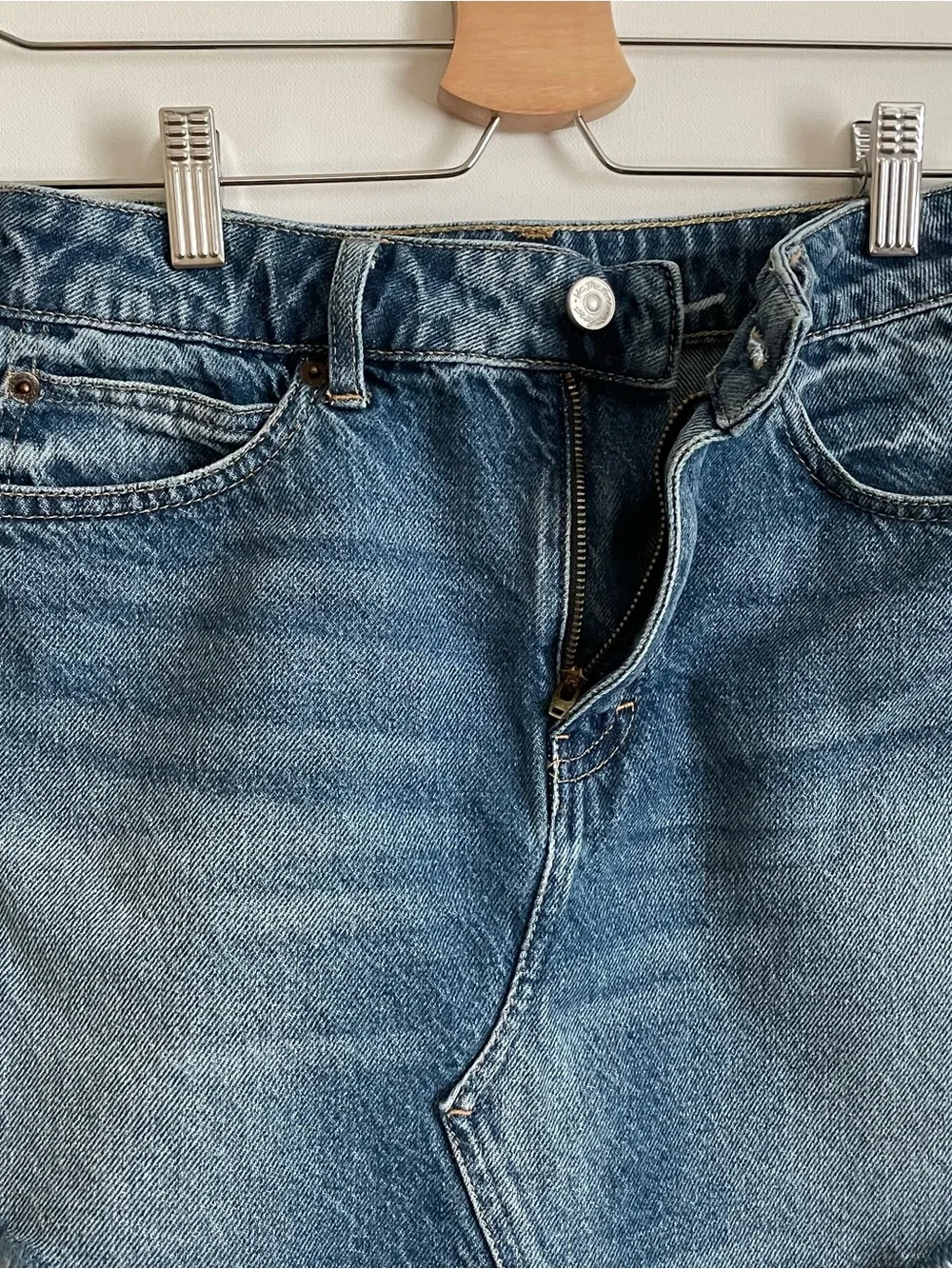 We The Free Blue Denim Frayed Hem Distressed 100% Cotton Mini Skirt Size XS